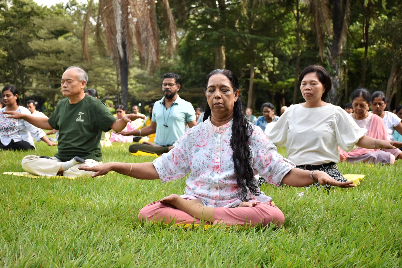 Rows of practitioners seated in meditation on the grass